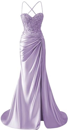 SAYNO Vestidos de ceremonia con cuello en V, plisados, vestidos de noche formales para invitados de boda, vestidos de vacaciones sin tirantes, Lila, 46
