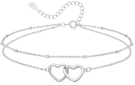 Cangall Fußkettchen für Damen, 925 Sterling Silber Fussketten für Frauen, 22+5cm Verstellbar Sommer Barfuß Strand Silber Fußkettchen Armband, Filigranes Design mit Doppelt Herz Fußkette am Fußgelenk
