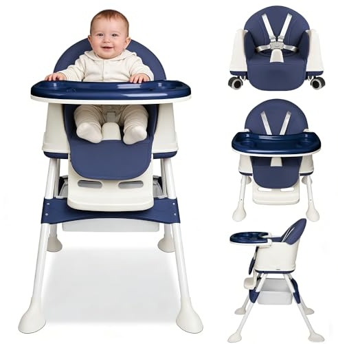 Chaise haute bébé 4en1, d'Inclinaison et Hauteur réglable, avec plateau amovible et roulettes, Chaise haute enfant évolutive avec ceinture à 5 points, Bleu