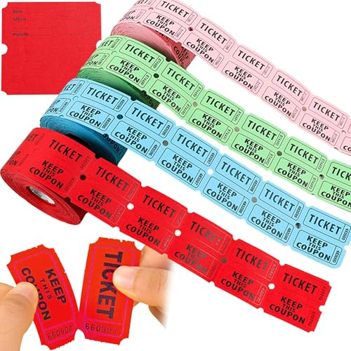 MINGZE 4 Roll Wertmarken Rolle, 500 Stück pro Band Doppelnummern, Tombola Lose mit Zahlen Zahlenblöcke Nummernblöcke Double Raffle Ticket Roll für Messen Eintrittskarten Garderobe Verlosung Events
