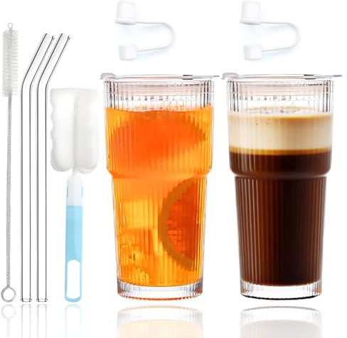 Iced Coffee Cup, 2 PCS 600ml/ 20oz Glass Tumblers with Straws and Lids, Iced Coffee Glasses for Long Drinks, Water, Cocktail, Whiskey, Soda, Iced Coffee, Tea, Straws and Brush for Travel or Home