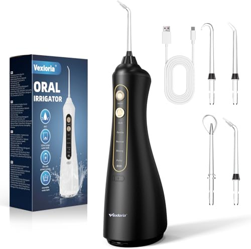 Vexloria Water Flosser for Teeth Cordless, Portable Oral Irrigator 5 Modes & 4 Jet Tips, USB Rechargeable, Dental Plaque Removal Tool, Water Jet Teeth Cleaner for Tavel and Home Use (black) NMP3