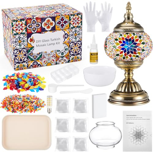 Baquler Turkish Mosaic Lamp Kit DIY Stained Glass Decorative Table Bedside Night Light Tabletop Bohemian Morrocan Lamp Crfat Kit for Living Room Decorations, Make Your Own(Multicolor)