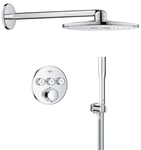 GROHE Precision SmartControl - Concealed Shower System with 3 Valves Thermostat (31cm Head 2 Sprays, Shower Outlet Elbow with Holder, Hand Shower 1 Spray, Hose 1.5m, Round Trim), Chrome, 1072450000