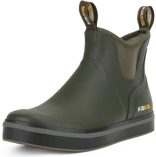 Kalkal Men's Deck Boots Anti-Slip Saltwater Fishing Rain Boots with Memory Foam, Waterproof Rubber Ankle Work Boots for Sailing (Olive Green, Size10)