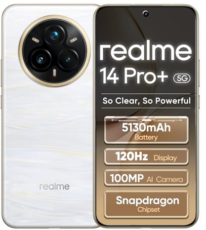 realme 14 Pro+ 5G Smartphone 8GB+256GB, White | Batería 5130mAh, Carga rápida 80W, Pantalla 6,83 pulgadas, tasa de refresco 120Hz, Cámara 108MP, Snapdragon 7s Gen 3, IP69