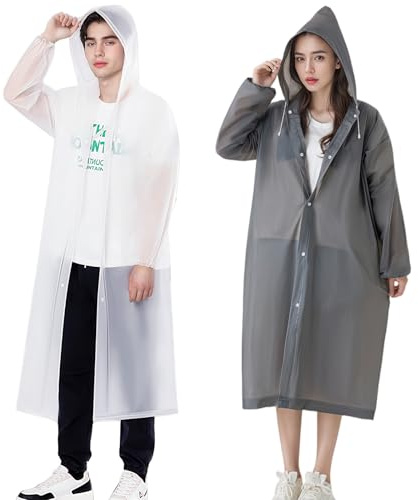 2 Pack Adult Rain Ponchos, Heavy Duty Reusable EVA Waterproof Raincoat with Drawstring Hood for Men & Women, Long 145cm Full Coverage Rainwear for Hiking, Festivals, Fishing (Fits Height 1.6-1.9m)