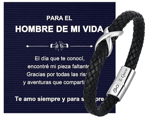FLHEART Pulsera Cuero Hombre Regalo Cumpleaños - Acero Inoxidable Cierres de Pulsera Magnéticos con Grabado Símbolo Infinito y Te Quiero Regalos Aniversario Pareja Jubilación Boda Regalo Padre Novios