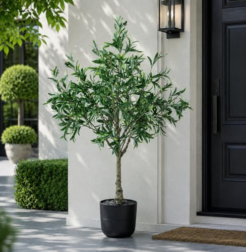 Olivenbaum Künstliche Kunstpflanze im Topf,110CM Premium Künstlicher Baum Kunststoffpflanzen, Topf Oliven Fake Tropische Pflanze Artificial Tree für Wohnzimmer Balkon Büro Erdspießen