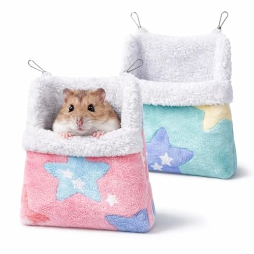 DNTHYRIN 2Pcs Rat Hammock and Guinea Pig Hammock in Blue and Pink, Cozy Double Layer Rat Hammocks for Cage, Soft Washable Rat Cage Accessories for Small Animals
