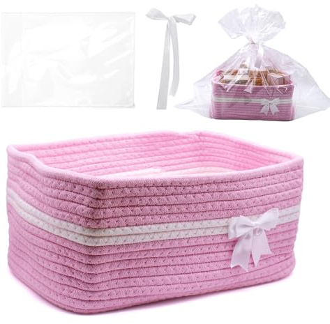 WYYFXY® Präsentkorb Leer Geschenkkorb Geflochtener mit Cellophantüten und Schleife, Korb Geschenk Baumwollseil Körbe für Geschenke, Feiertage, Geburtstage (Rosa)