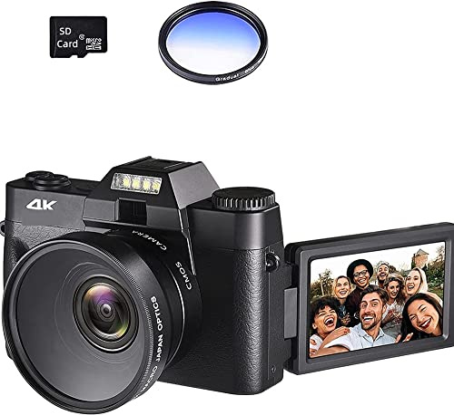 Macchina fotografica digitale, Macro Lens 4K Digital Camera Flip Screen Selfie Camcorder 48MP Vlog Webcam Videoregistratore vintage 16X grandangolare(NO SD Card,With Lens Fliter-04)