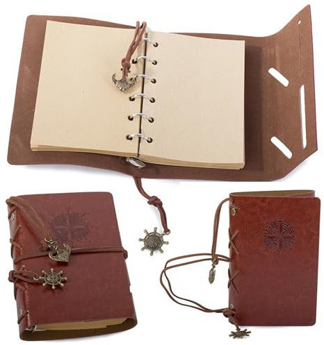 PARENCE. Cuaderno de viaje retro vintage 15x10 cm – Diario y cuaderno en cuero ecológico – Carpeta de anillos de recambio – Tamaño compacto – Marrón
