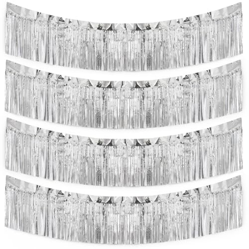 G2PLUS Fransen Girlande Silber: 4 Stück Metallic Foil Fringe Garlanden | 3m x 30cm Glitzer Lametta Garland für Partydeko Geburtstag Hochzeit Weihnachten Parade