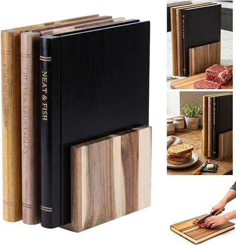 Juego de tablas de cortar con diseño de libros, 3 piezas, madera maciza con soporte de madera, base antideslizante para frutas, verduras, carne, pescado, queso y pan