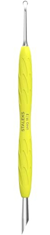 Staleks UNIQ PQ-11/2Y professionell dubbel nagelbandspenna gult silikonhandtag - steriliserbart pedikyrverktyg i rostfritt stål (ring + sned tryck)