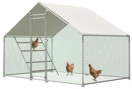 Hühnerstall 3x2m begehbar mit Sitzleiter, Voliere Winterfest mit Sicherheitsschloss, PE-UV-Abdeckung – Freilaufgehege aus 1mm Stahlrohr für Hühner, Tauben, Enten