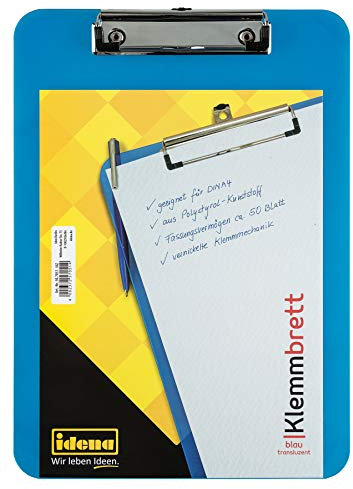 Idena 507051 - Klemmbrett für DIN A4 vernickelte Klemmmechanik, transluzent, blau