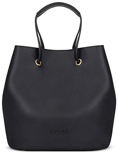 Expatrié Handtasche Damen Schwarz ÈLODIE Moderne Bucket Bag Tasche aus veganem Leder - Ledertasche Schultertasche Umhängetasche Klein - Casual Beuteltasche