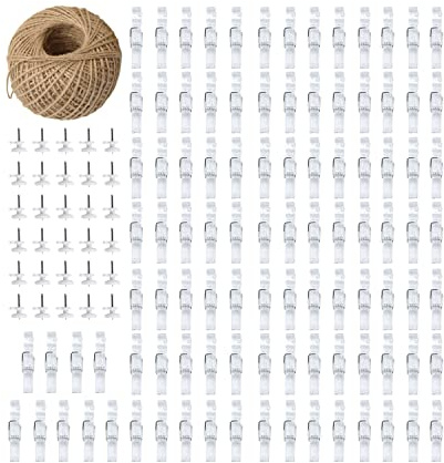 100pcs Photo Clips Mini Clothespins for Photo Wall Hanging Dorm Decor Picture Polaroid Kids Artworks Display with 98ft Twine String & Mini Wall Mount Non-Mark Hooks