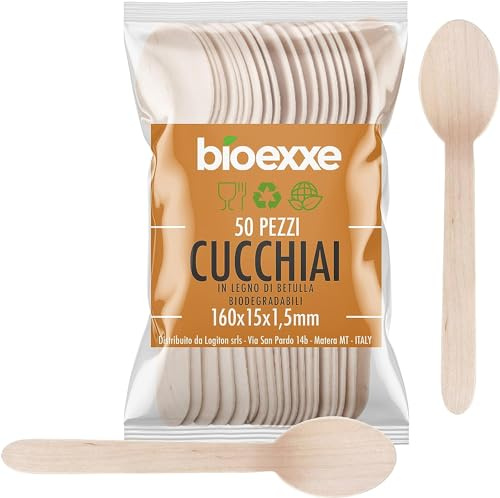 Cucchiai Biodegradabili, Posate Usa e Getta, No plastica, Compostabili in Legno, 50pz