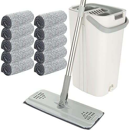 ASelected Set di mocio piatto e secchio, mocio a mani libere, con 10 panni in microfibra riutilizzabili e manico lungo 123 cm, manico in microfibra per piastrelle, marmo, legno duro