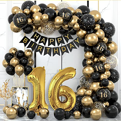 16 Geburtstag Deko, 16. Geburtstag Junge Mädchen, 16 Jahr Geburtstagdeko, Happy Birthday Girlande Ballon Schwarz Gold Deko, Deko 16. geburtstag Konfetti Luftballons, Birthday Party Decorations