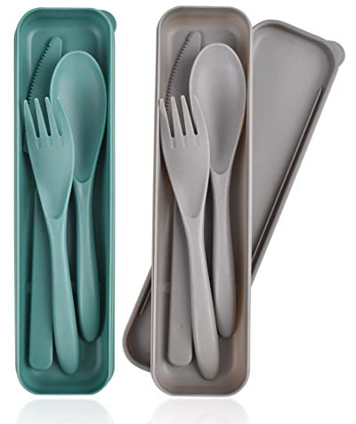 CUNTAUK Juego de Cubiertos de Viaje con Funda, Juego de 2 Cubiertos portátiles Reutilizables, Tenedores de plástico, Cuchara, vajilla de Camping, Juego de Cubiertos para Viajes, Picnic, al Aire Libre