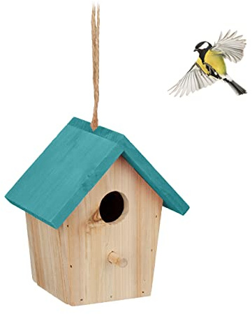 Relaxdays Deko Vogelhaus, Holz, Vogelhäuschen zum Aufhängen, HBT: 16 x 15 x 11 cm, Vogelvilla Garten, Balkon, Natur/blau
