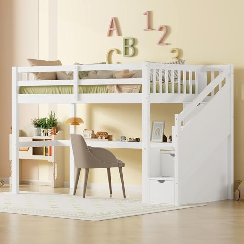 I0I&I0I Kinderhochbett mit Schreibtisch & Stauraum | Massivholz, Weiß | Ideal für Ordnung & Lernen (Weiß 90 x 200cm)