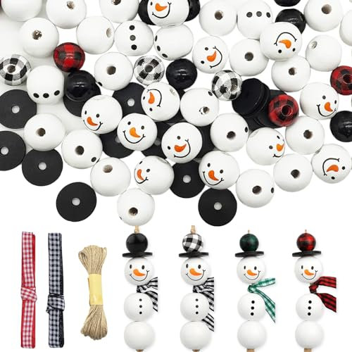 YEJAHY 120 Stück Schneemann Holzperlen, 20mm Schneemann-Gesicht Holzperlen mit 10m Hanfseil, für DIY Weihnachten Winter-Dekorationen (A)