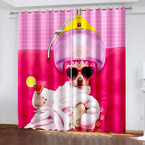 Verdunklungsvorhänge Mit Ösen 3D Rosa Cartoon-Hund Druck Vorhang Blickdicht Fensterdekoration Schlafzimmer Wohnzimmer Kinderzimmer, Schallschutz Thermogardine, Ösenschal 2Er Set 234X230Cm