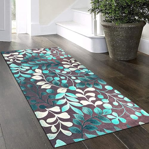 Yinghesheng Teppich Läufer Flur Küche rutschfest Waschbar 70x120cm Weiß türkis braun 3D-Blättermuster Kücheteppich Küchenläufer Meterware Korridor Tepiche Schlafzimmer Schmutzfangmatte Breit 40-140Cm