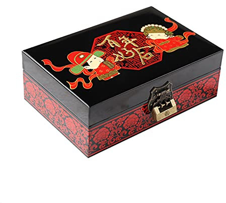 Holzschmuck-Aufbewahrungsbox mit Schloss und Schlüssel, handbemalte Gravur, Organizer-Etui für Frauen und Mädchen, für Ohrringe, Armbänder, Ringe, Uhren (Farbe: D) (A)