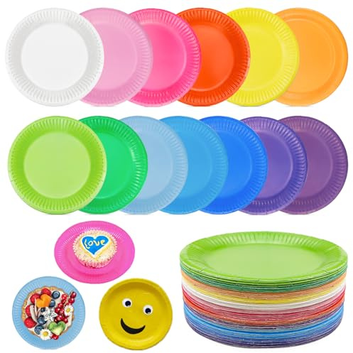 FAELNK 130 Stück DIY Bunt Pappteller Bunt Party Pappteller Rund 7 Inch Einweggeschirr Kindergeburtstag für Feste und Feiern wie Geburtstag oder Grillabend DIY Malerei (7 zoll)