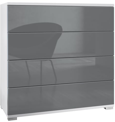 Vladon Kommode Pavos V3, Sideboard mit 4 Schubladen Weiß matt/Grau Hochglanz (76 x 76 x 35 cm)