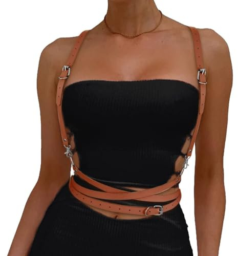 AOWVUTS Punk Taille Harnais Ceinture en Cuir pour Femme Goth Gilet Réglables Corps Poitrine Chaîne Ceinture En Cuir pour Filles Cosplay Party Rave Halloween Costume (Marron)