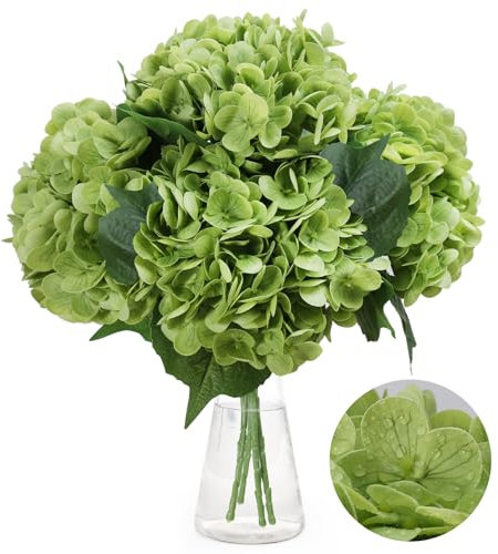 merakdoira Hydrangea Artificial Flowers, 4 PCS Single Long Stem Faux Flowers, 19.6Inch Large Real Touch Fake Flowers Bouquets for Wedding, Home Party, Table Centerpiece, Room & Office Decor(Green)