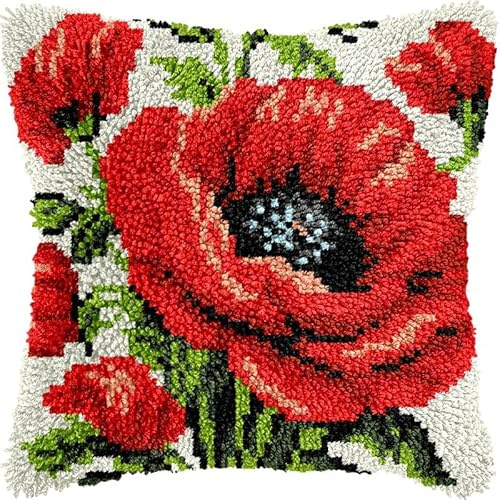 Latch Hook Kits Pillow for Adults Poppies Pillow Cover Pre-Printed Patterns Pillowcase Needlework Crochet Yarns Latch Hooking Cushion for Sofa Decor 17x17inch(j125)