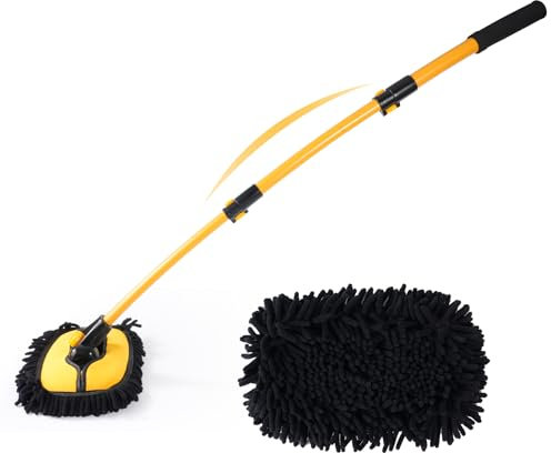 Trintion 15° Curve Car Wash Brush 43 Car Cleaning Brush Telescopic Handle Aluminum Alloy Long Rod Wash Mop Microfiber Car Wash Mop Scratch Free Car Wash Kit for Washing Caravan Van Truck Boat RV Roof