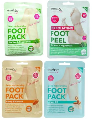 4 X Derma V10 Foot Exfoliating Peel, Argan Oil Moisturising Foot Pack, Honey Almond Foot Pack, Tea Tree & Peppermint Foot Pack