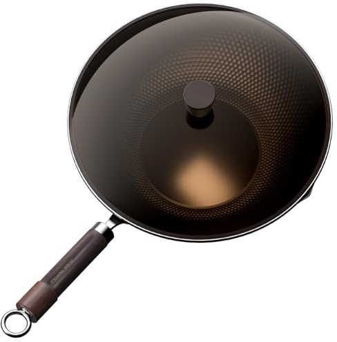 Armorbear Carbon Steel Wok Pan, Tripole Nitrided Pre-Seasoned Flat Bottom Woks & Stir-Fry Pans Nonstick, Chinese Wok with Glass Lid for All Stovetops, Gift for Chef - 30 CM