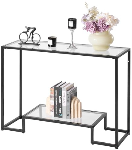 VEVOR Glass Console Table, 42 Inch Entryway Table, Modern Rectangle Sofa Table with Tempered Glass Top and Iron Legs, 2-Tier Consloe Desk for Living Room, Hallway, Entryway