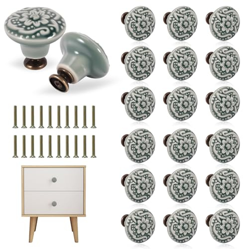 Miawtro 20 pcs Ceramic Door knobs, Vintage Cupboard Door knobs with Embossing, Round Green Cabinet knob with Screws, Wardrobe knob Suitable for Doors, Closets, cabinets, wardrobes