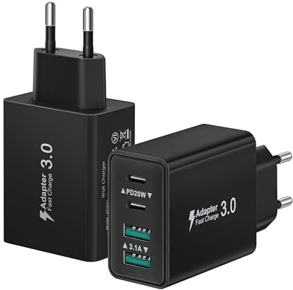 2-Pack Caricatore USB C Presa, 40W 4-Porto Multiplo USBC Caricabatterie Rapido Spina Alimentatore per iPhone 17 16 15 14 13 12 11 Pro Max,Samsung, iPad, Multipla Spinotto QC & PD Adattatore Carica