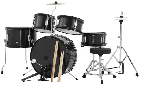 Juego de batería de 5 piezas – Kit de batería junior con Tom-Toms duales, Tom de suelo, caja y bombo, Hi-Hat, Platillo, pedal, baquetas y asiento, juego completo de percusión para principiantes para