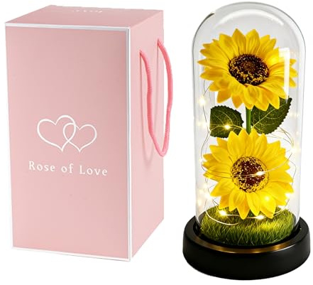 Mother's Day Sunflower Gifts for Women - Sunflowers Birthday Gift for Mom Wife, Eternal Flowers in Glass Dome, Unique Present for Mother Grandmother Girlfriend for Birthday, Anniversary, Wedding