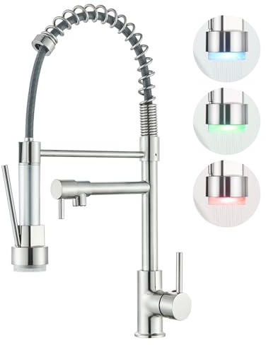 Saeuwtowy LED Robinet Cuisine Mitigeur Cuisine Avec Douchette Extractible,Robinet Evier de Cuisine avec Double Fonction de Pulvérisation,Robinet D'Évier avec Pivotant à 360°,Brossé