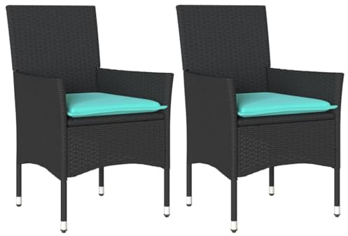 HETFTJN Set of 2 Black Poly Rattan Patio Chairs with Blue Cushions