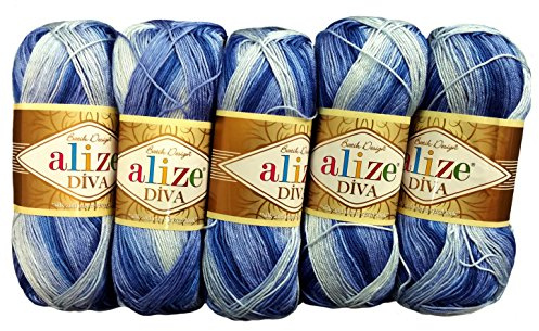 5 x 100 Gramm Alize Batik Wolle mehrfarbig mit Farbverlauf, 500 Gramm merzerisierte Strickwolle Microfiber-Acryl (dunkelblau blau weiß 3282)